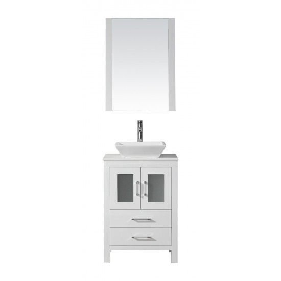 Dior 24" Single Bath Vanity in White with White Engineered Stone Top and Square Sink with Brushed Nickel Faucet and Mirror