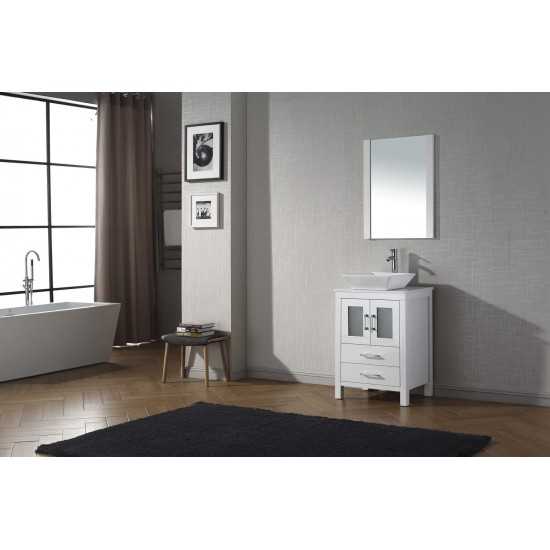 Dior 24" Single Bath Vanity in White with White Engineered Stone Top and Square Sink with Brushed Nickel Faucet and Mirror