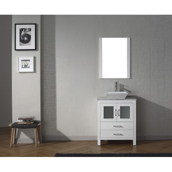 Dior 24" Single Bath Vanity in White with White Marble Top and Square Sink with Brushed Nickel Faucet and Matching Mirror