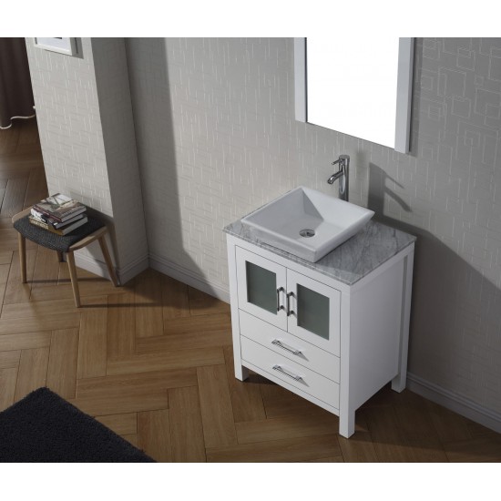 Dior 24" Single Bath Vanity in White with White Marble Top and Square Sink with Brushed Nickel Faucet and Matching Mirror