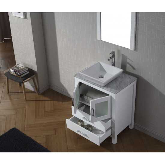 Dior 24" Single Bath Vanity in White with White Marble Top and Square Sink with Brushed Nickel Faucet and Matching Mirror