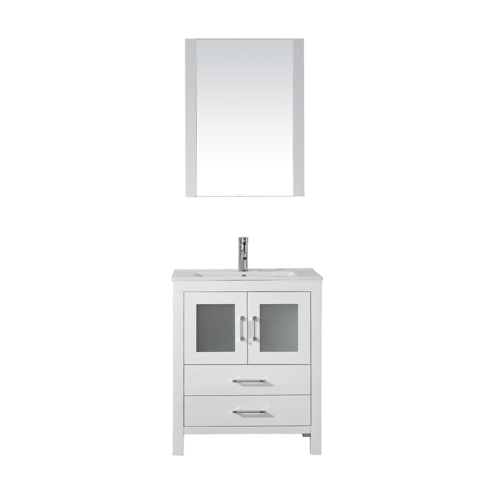 Dior 28" Single Bath Vanity in White and Square Sink with Brushed Nickel Faucet and Matching Mirror