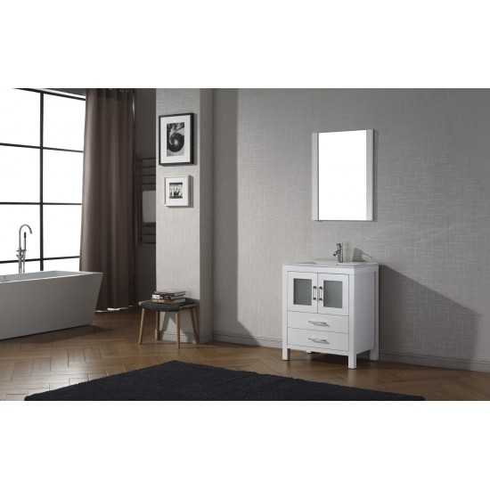 Dior 28" Single Bath Vanity in White and Square Sink with Brushed Nickel Faucet and Matching Mirror