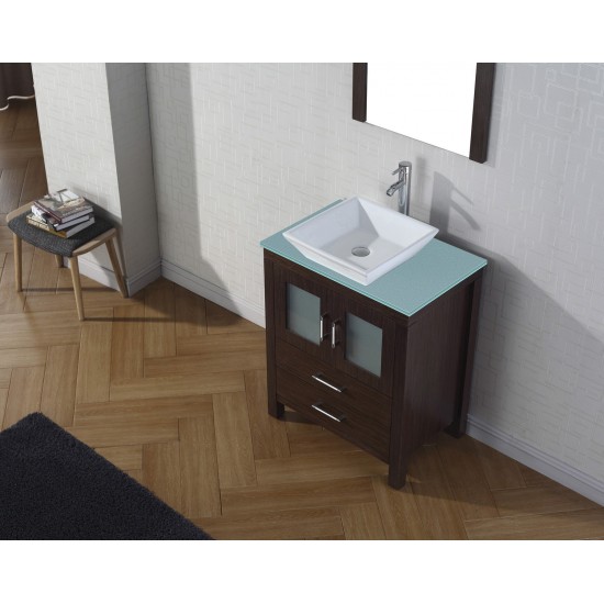 Dior 28" Single Bath Vanity in Espresso with Green Glass Top and Square Sink and Matching Mirror