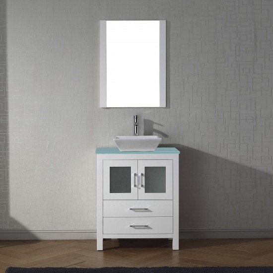 Dior 28" Single Bath Vanity in White with Green Glass Top and Square Sink with Brushed Nickel Faucet and Matching Mirror