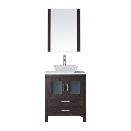 Dior 28" Single Bath Vanity in Espresso with White Engineered Stone Top and Square Sink with Brushed Nickel Faucet and Mirror