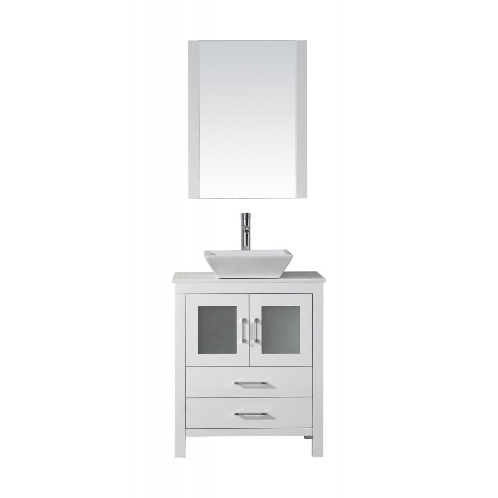 Dior 28" Single Bath Vanity in White with White Engineered Stone Top and Square Sink and Matching Mirror