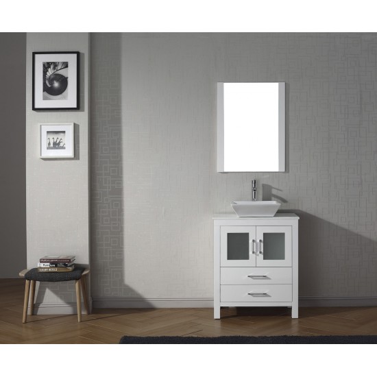 Dior 28" Single Bath Vanity in White with White Engineered Stone Top and Square Sink and Matching Mirror