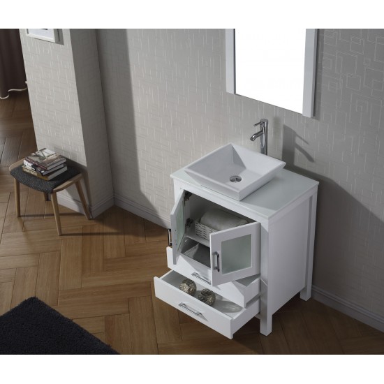 Dior 28" Single Bath Vanity in White with White Engineered Stone Top and Square Sink and Matching Mirror