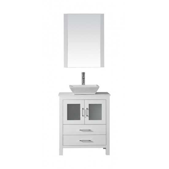 Dior 28" Single Bath Vanity in White with White Engineered Stone Top and Square Sink with Brushed Nickel Faucet and Mirror