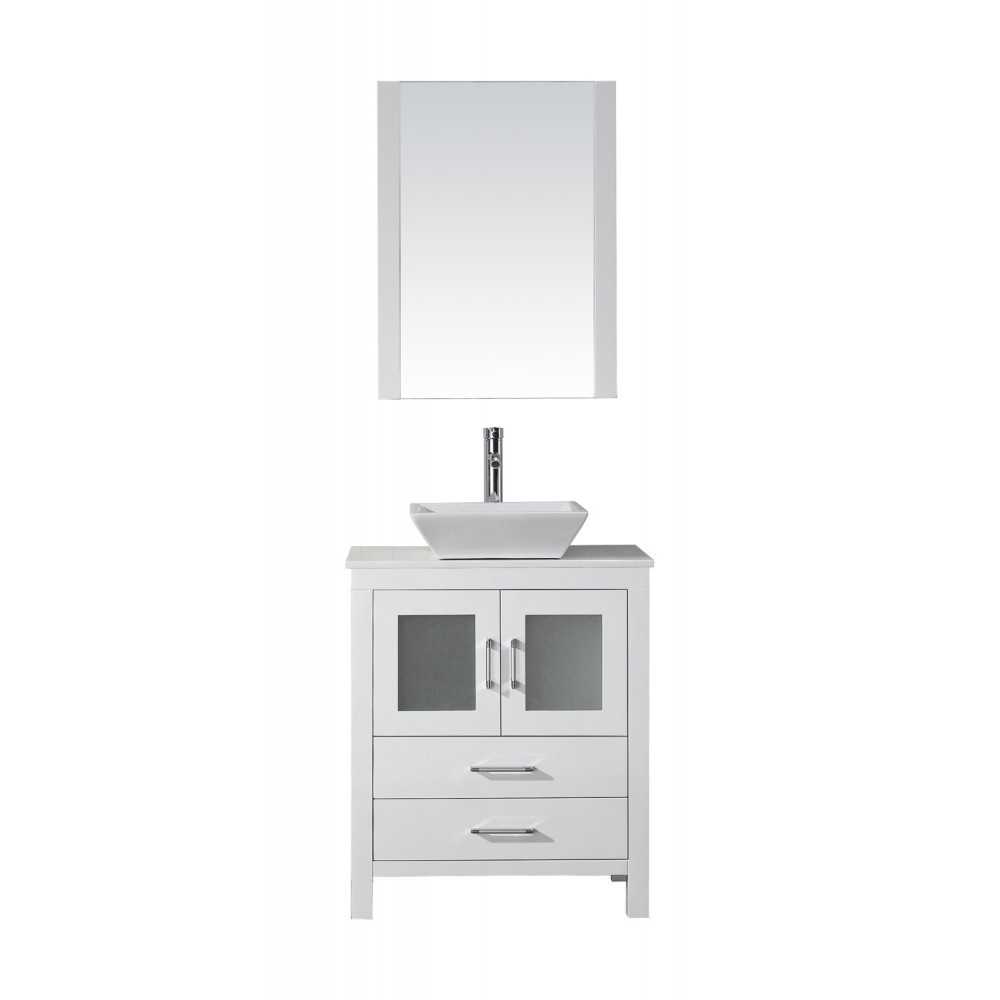 Dior 28" Single Bath Vanity in White with White Engineered Stone Top and Square Sink with Brushed Nickel Faucet and Mirror