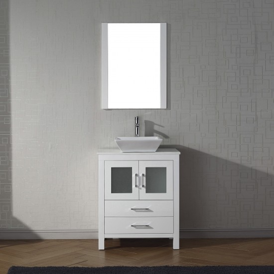 Dior 28" Single Bath Vanity in White with White Engineered Stone Top and Square Sink with Brushed Nickel Faucet and Mirror