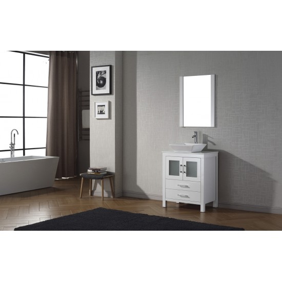 Dior 28" Single Bath Vanity in White with White Engineered Stone Top and Square Sink with Brushed Nickel Faucet and Mirror