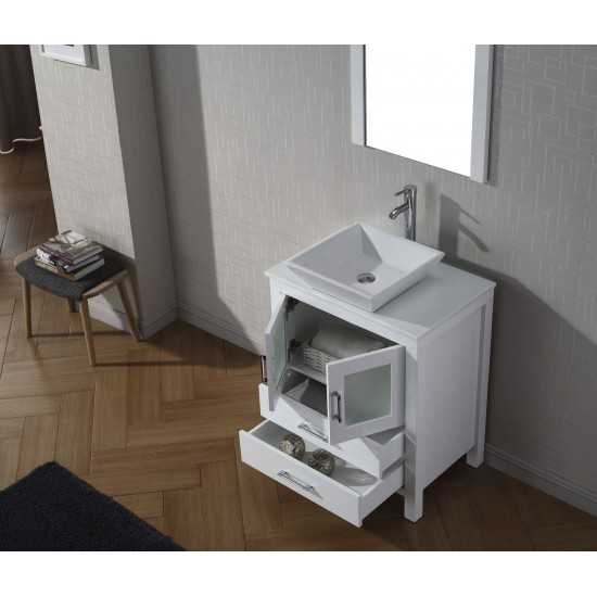 Dior 28" Single Bath Vanity in White with White Engineered Stone Top and Square Sink with Brushed Nickel Faucet and Mirror