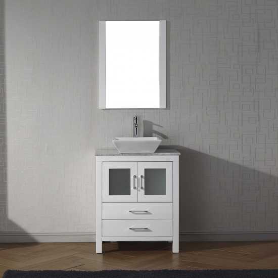 Dior 28" Single Bath Vanity in White with White Marble Top and Square Sink with Brushed Nickel Faucet and Matching Mirror