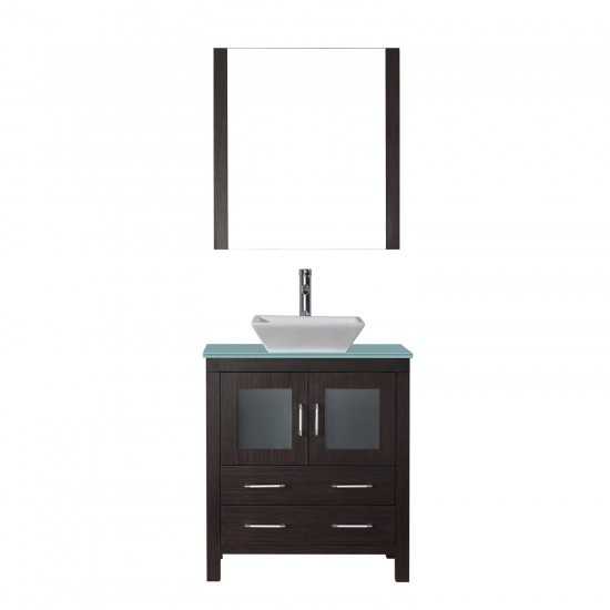 Dior 30" Single Bath Vanity in Espresso with Green Glass Top and Square Sink and Matching Mirror