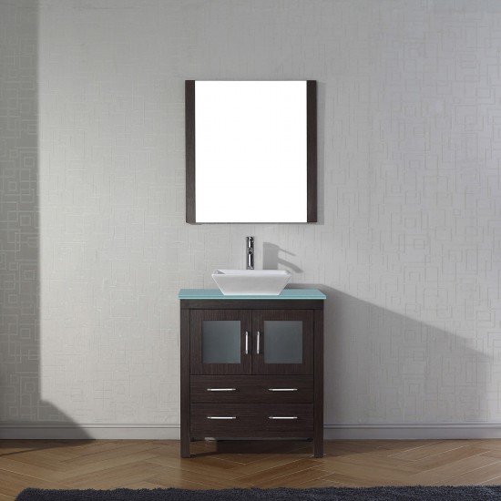 Dior 30" Single Bath Vanity in Espresso with Green Glass Top and Square Sink and Matching Mirror