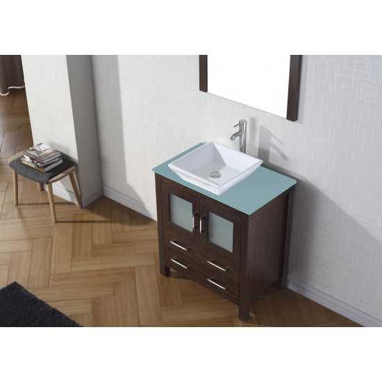 Dior 30" Single Bath Vanity in Espresso with Green Glass Top and Square Sink and Matching Mirror