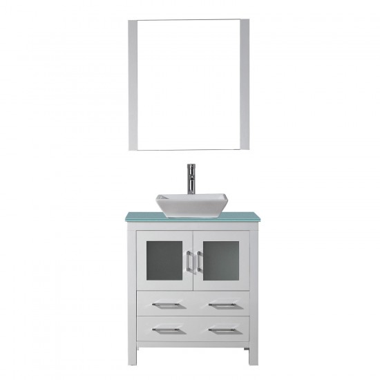 Dior 30" Single Bath Vanity in White with Green Glass Top and Square Sink and Matching Mirror