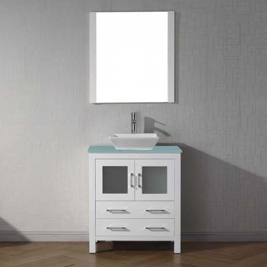 Dior 30" Single Bath Vanity in White with Green Glass Top and Square Sink and Matching Mirror