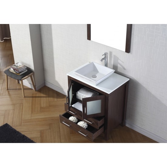 Dior 30" Single Bath Vanity in Espresso with White Engineered Stone Top and Square Sink and Matching Mirror