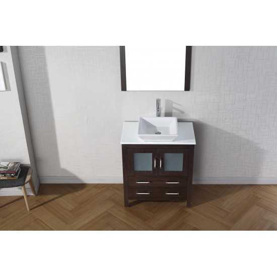 Dior 30" Single Bath Vanity in Espresso with White Engineered Stone Top and Square Sink with Brushed Nickel Faucet and Mirror