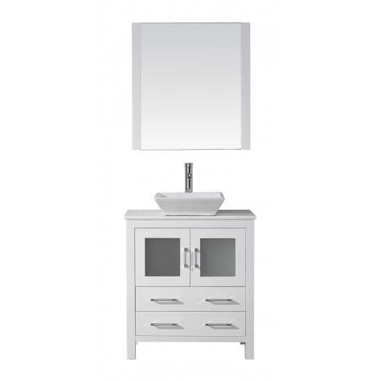 Dior 30" Single Bath Vanity in White with White Engineered Stone Top and Square Sink and Matching Mirror