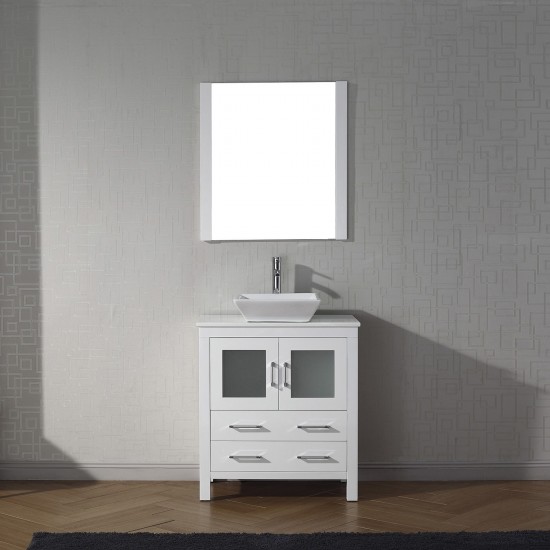 Dior 30" Single Bath Vanity in White with White Engineered Stone Top and Square Sink and Matching Mirror