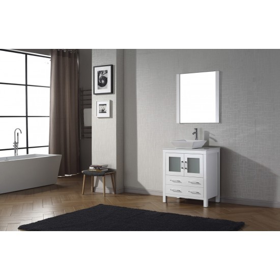 Dior 30" Single Bath Vanity in White with White Engineered Stone Top and Square Sink with Brushed Nickel Faucet and Mirror
