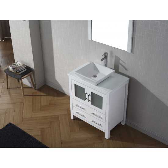 Dior 30" Single Bath Vanity in White with White Engineered Stone Top and Square Sink with Brushed Nickel Faucet and Mirror