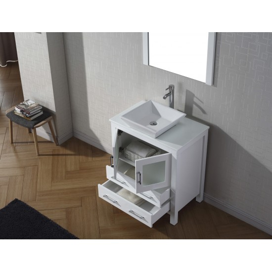 Dior 30" Single Bath Vanity in White with White Engineered Stone Top and Square Sink with Brushed Nickel Faucet and Mirror