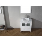 Dior 30" Single Bath Vanity in White with White Engineered Stone Top and Square Sink with Brushed Nickel Faucet and Mirror