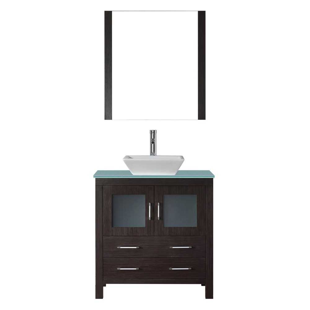 Dior 32" Single Bath Vanity in Espresso with Green Glass Top and Square Sink and Matching Mirror