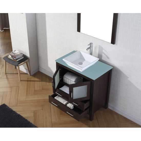 Dior 32" Single Bath Vanity in Espresso with Green Glass Top and Square Sink with Brushed Nickel Faucet and Matching Mirror