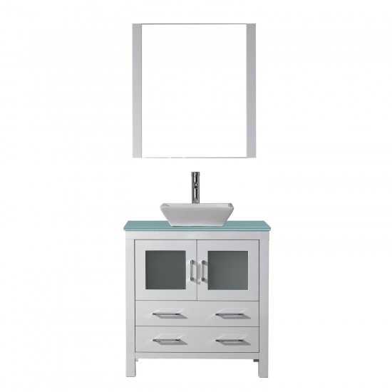 Dior 32" Single Bath Vanity in White with Green Glass Top and Square Sink and Matching Mirror