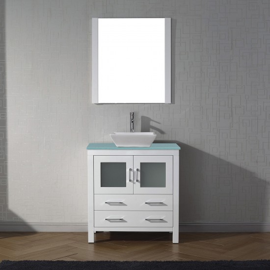 Dior 32" Single Bath Vanity in White with Green Glass Top and Square Sink and Matching Mirror