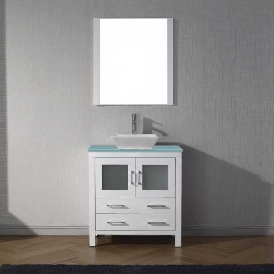 Dior 32" Single Bath Vanity in White with Green Glass Top and Square Sink with Brushed Nickel Faucet and Matching Mirror