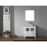 Dior 32" Single Bath Vanity in White with Green Glass Top and Square Sink with Brushed Nickel Faucet and Matching Mirror