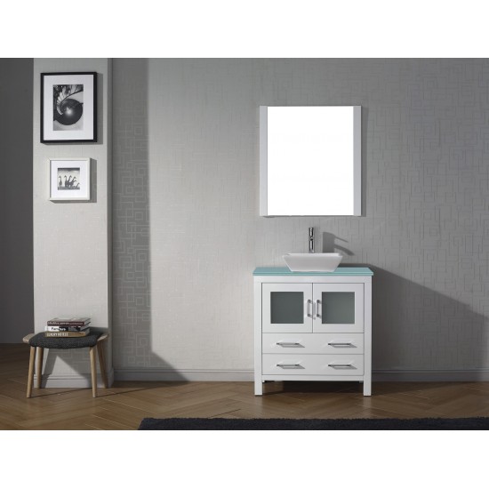 Dior 32" Single Bath Vanity in White with Green Glass Top and Square Sink with Brushed Nickel Faucet and Matching Mirror