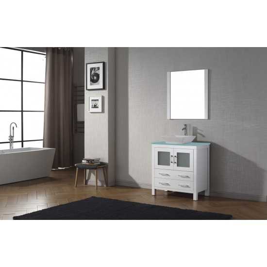 Dior 32" Single Bath Vanity in White with Green Glass Top and Square Sink with Brushed Nickel Faucet and Matching Mirror