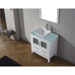 Dior 32" Single Bath Vanity in White with Green Glass Top and Square Sink with Brushed Nickel Faucet and Matching Mirror