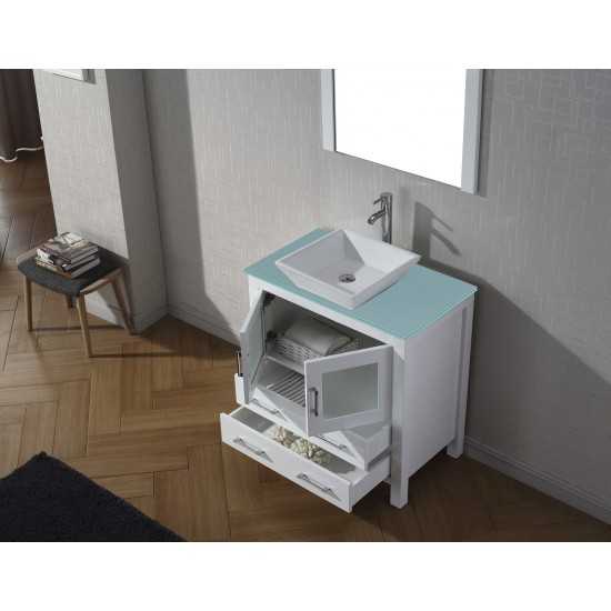 Dior 32" Single Bath Vanity in White with Green Glass Top and Square Sink with Brushed Nickel Faucet and Matching Mirror