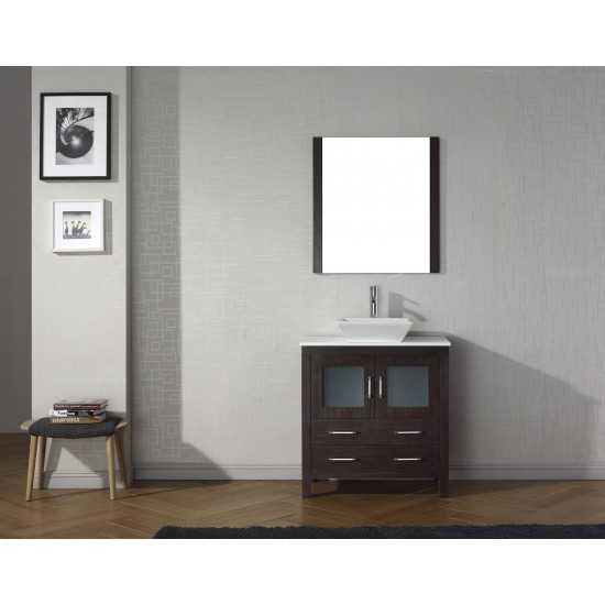 Dior 32" Single Bath Vanity in Espresso with White Engineered Stone Top and Square Sink with Brushed Nickel Faucet and Mirror