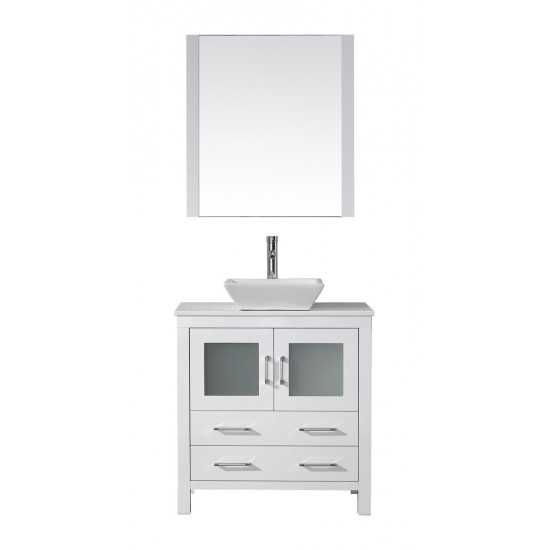 Dior 32" Single Bath Vanity in White with White Engineered Stone Top and Square Sink and Matching Mirror