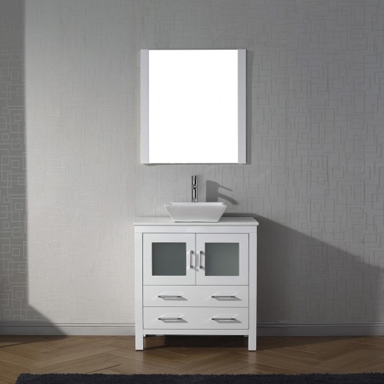 Dior 32" Single Bath Vanity in White with White Engineered Stone Top and Square Sink and Matching Mirror