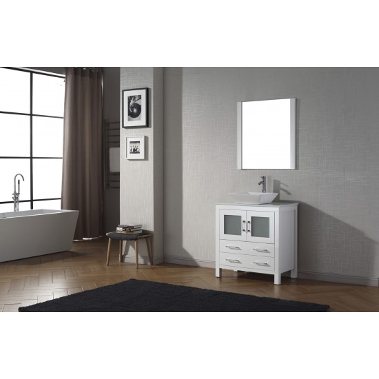 Dior 32" Single Bath Vanity in White with White Engineered Stone Top and Square Sink and Matching Mirror