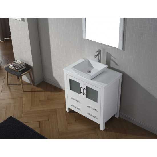 Dior 32" Single Bath Vanity in White with White Engineered Stone Top and Square Sink and Matching Mirror