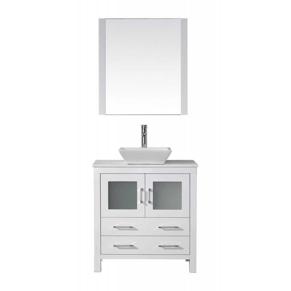 Dior 32" Single Bath Vanity in White with White Engineered Stone Top and Square Sink with Brushed Nickel Faucet and Mirror