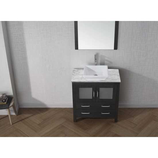 Dior 32" Single Bath Vanity in Zebra Gray with White Marble Top and Square Sink with Brushed Nickel Faucet and Matching Mirro