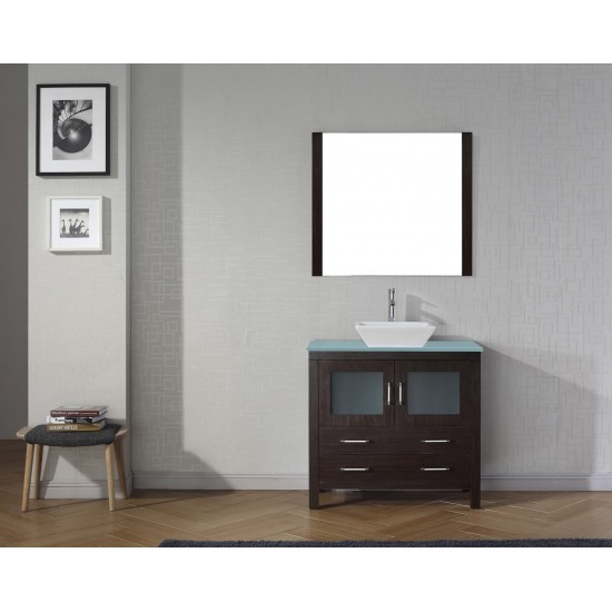 Dior 36" Single Bath Vanity in Espresso with Green Glass Top and Square Sink and Matching Mirror